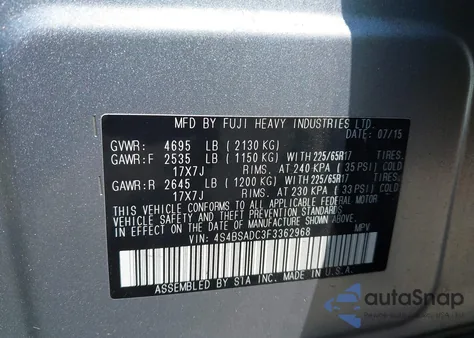 2015 Subaru Outback 2.5I Premium из США, поврежденный, VIN 4S4BSADC3F3362968